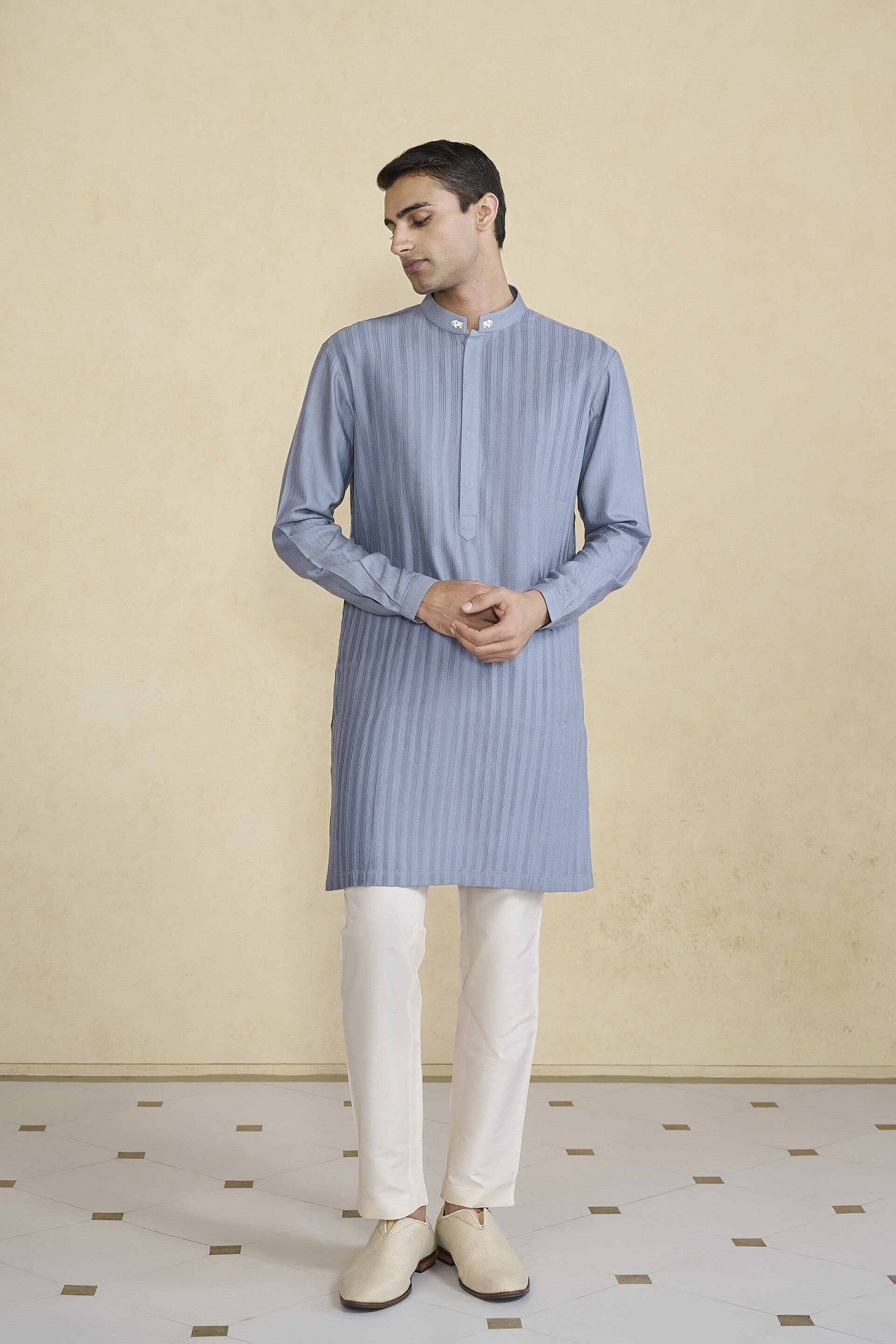 Daeven Embroidered Silk Kurta - Grey, Grey, image 1